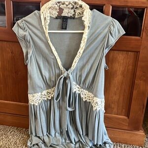 Light blue and lacy tie up Robert Rodriguez top
